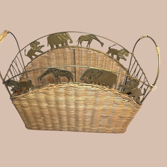 Vintage Wicker Magazine Rack with Brass Safari Animal Design - Picture 3 of 8
